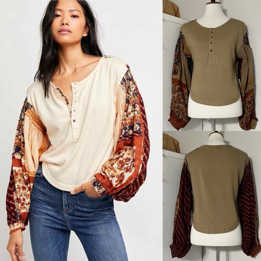 Free People Light Magic Henley Balloon Sleeves Olive Stone